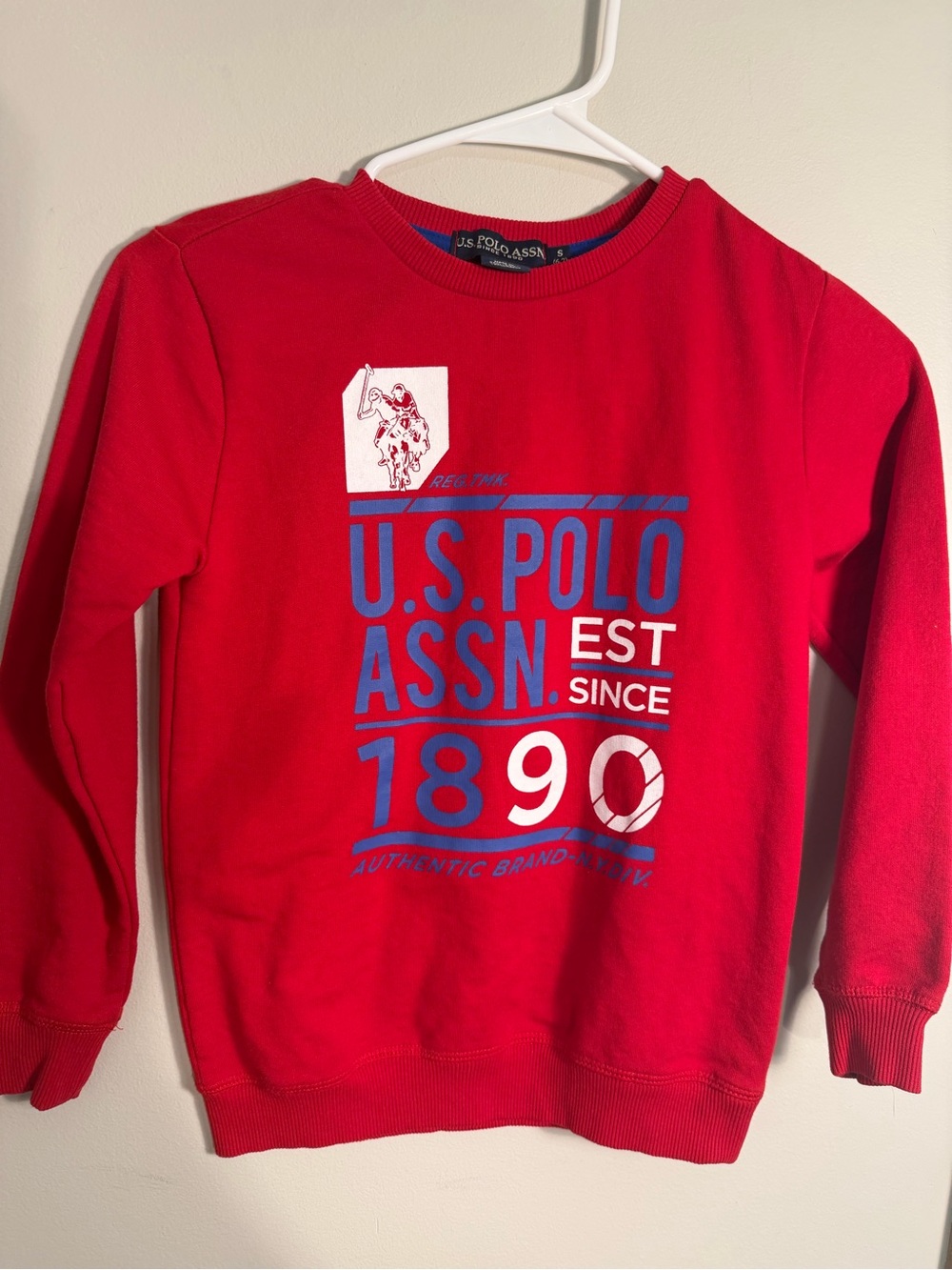 U.S. Polo Assn. Boys Red Crewneck with Blue & White Graphic size 6-7